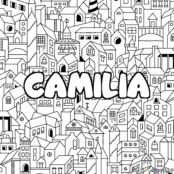 Coloriage pr&eacute;nom CAMILIA - d&eacute;cor Ville