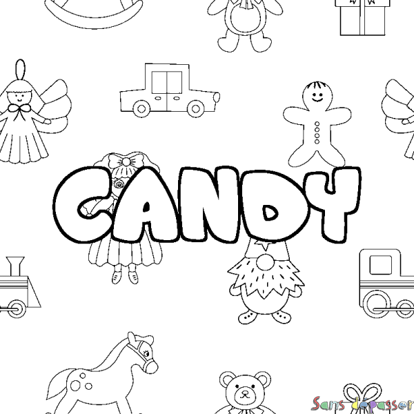 Coloriage pr&eacute;nom CANDY - d&eacute;cor Jouets