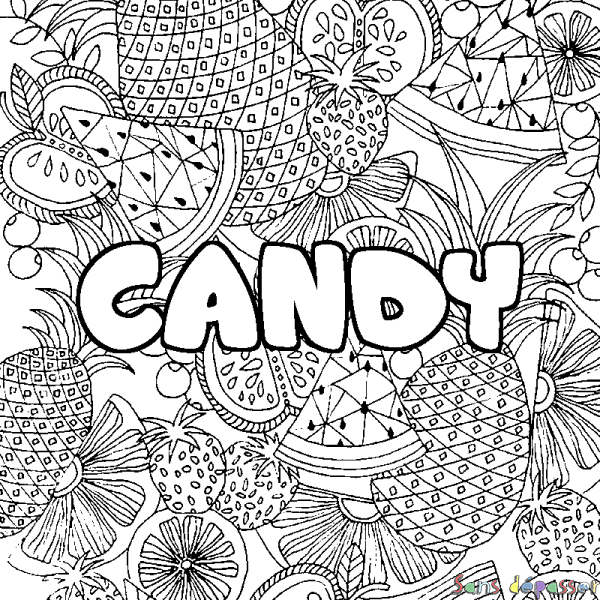 Coloriage pr&eacute;nom CANDY - d&eacute;cor Mandala fruits
