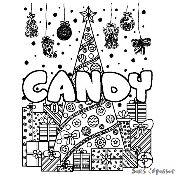 Coloriage pr&eacute;nom CANDY - d&eacute;cor Sapin et Cadeaux