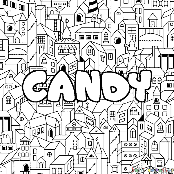 Coloriage pr&eacute;nom CANDY - d&eacute;cor Ville