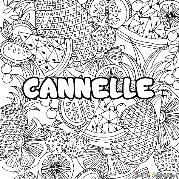 Coloriage pr&eacute;nom CANNELLE - d&eacute;cor Mandala fruits