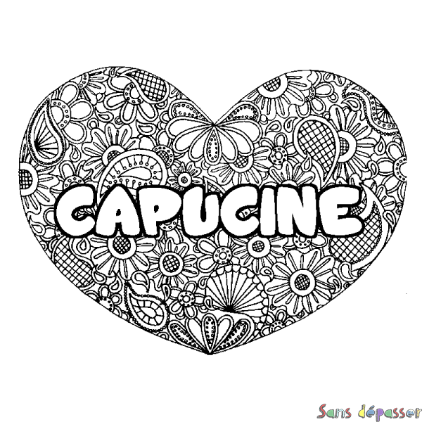 Coloriage pr&eacute;nom CAPUCINE - d&eacute;cor Mandala coeur
