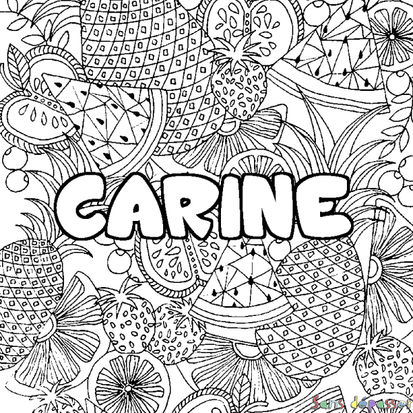 Coloriage pr&eacute;nom CARINE - d&eacute;cor Mandala fruits