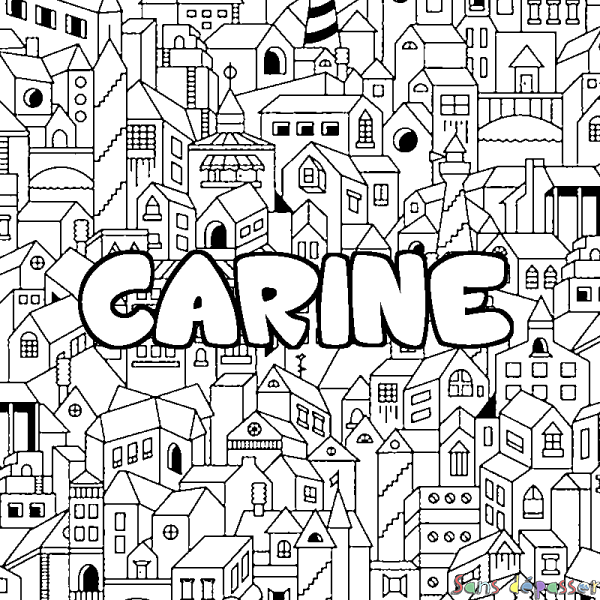 Coloriage pr&eacute;nom CARINE - d&eacute;cor Ville