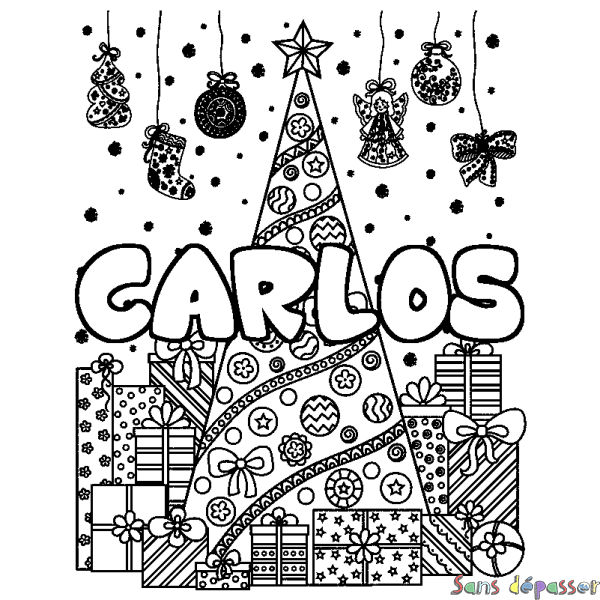 Coloriage prénom CARLOS - d&eacute;cor Sapin et Cadeaux
