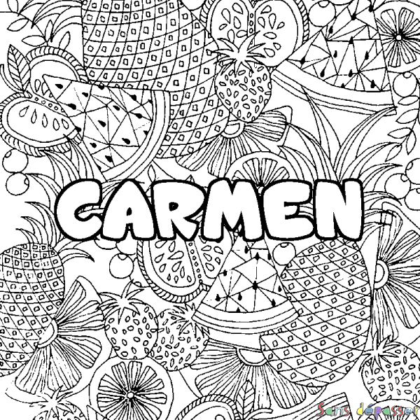 Coloriage pr&eacute;nom CARMEN - d&eacute;cor Mandala fruits