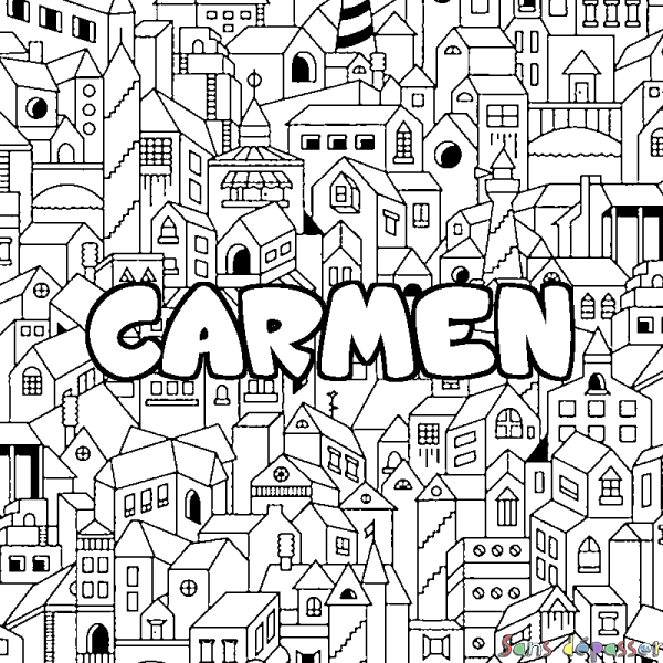 Coloriage prénom CARMEN - d&eacute;cor Ville