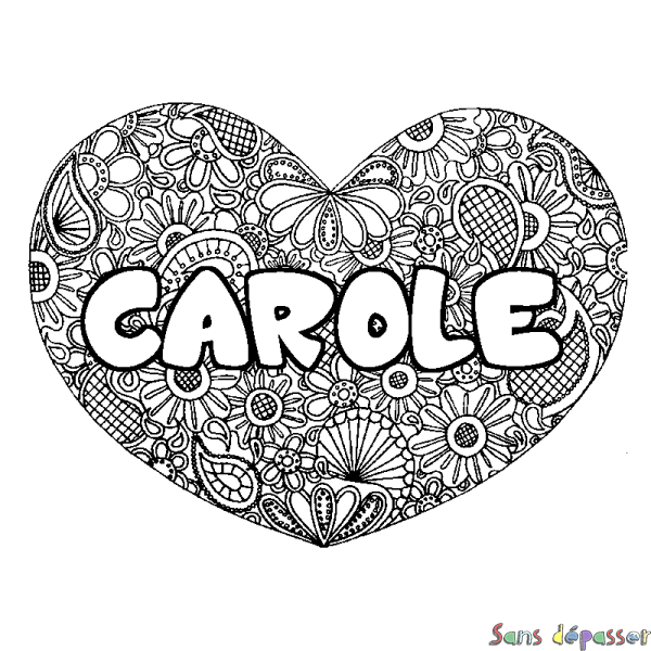 Coloriage prénom CAROLE - d&eacute;cor Mandala coeur