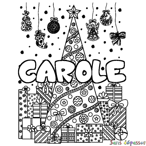 Coloriage prénom CAROLE - d&eacute;cor Sapin et Cadeaux