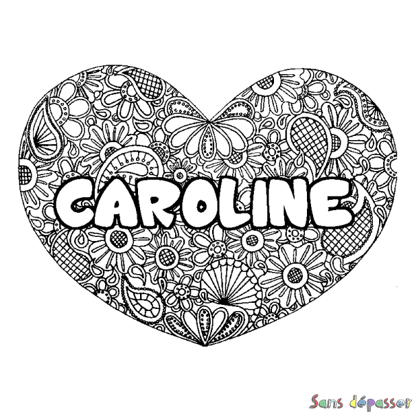 Coloriage prénom CAROLINE - d&eacute;cor Mandala coeur