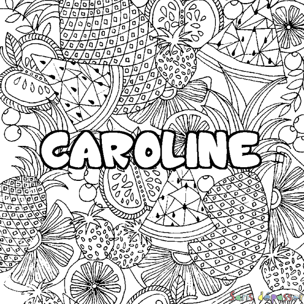 Coloriage pr&eacute;nom CAROLINE - d&eacute;cor Mandala fruits