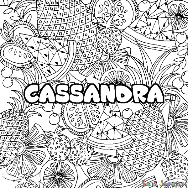 Coloriage prénom CASSANDRA - d&eacute;cor Mandala fruits