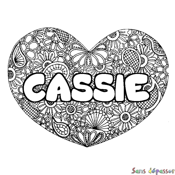 Coloriage pr&eacute;nom CASSIE - d&eacute;cor Mandala coeur