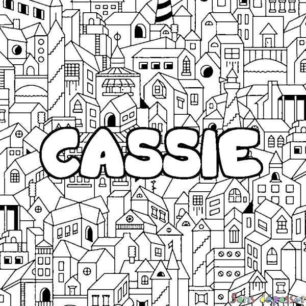 Coloriage pr&eacute;nom CASSIE - d&eacute;cor Ville
