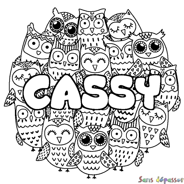 Coloriage pr&eacute;nom CASSY - d&eacute;cor Chouettes
