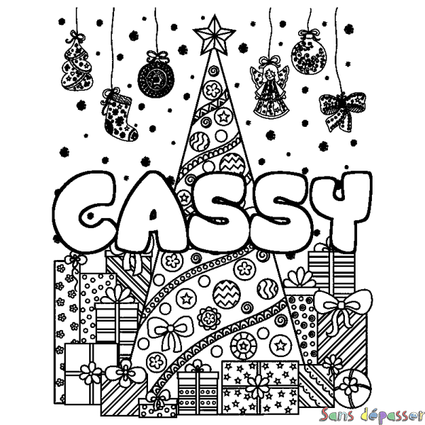 Coloriage prénom CASSY - d&eacute;cor Sapin et Cadeaux