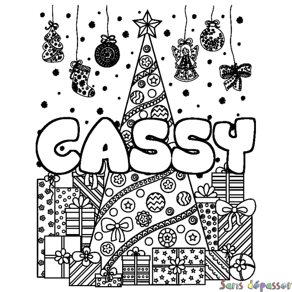 Coloriage pr&eacute;nom CASSY - d&eacute;cor Sapin et Cadeaux