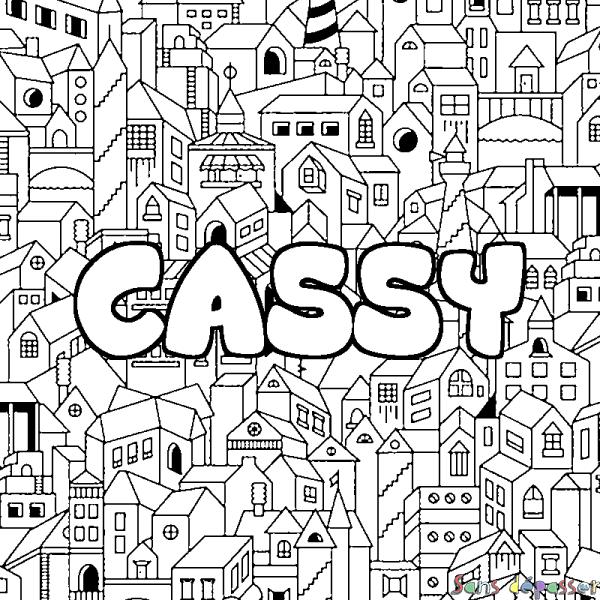 Coloriage pr&eacute;nom CASSY - d&eacute;cor Ville