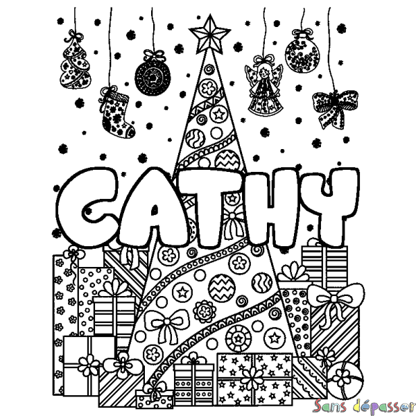 Coloriage prénom CATHY - d&eacute;cor Sapin et Cadeaux