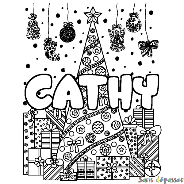 Coloriage pr&eacute;nom CATHY - d&eacute;cor Sapin et Cadeaux