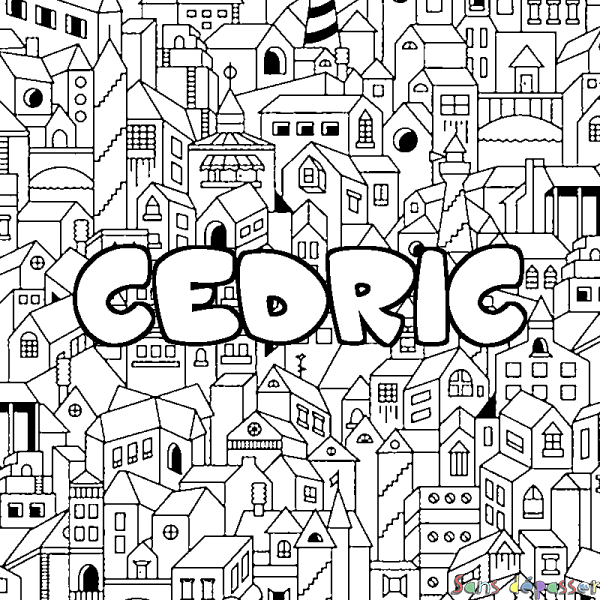 Coloriage pr&eacute;nom CEDRIC - d&eacute;cor Ville