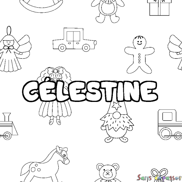 Coloriage pr&eacute;nom C&Eacute;LESTINE - d&eacute;cor Jouets