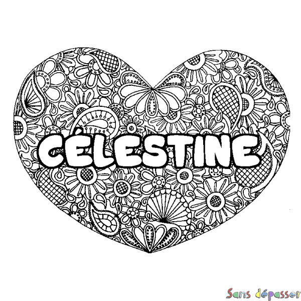 Coloriage pr&eacute;nom C&Eacute;LESTINE - d&eacute;cor Mandala coeur