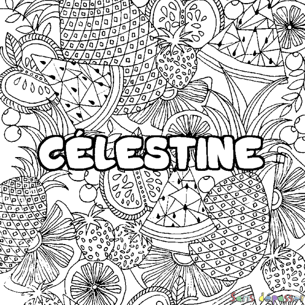 Coloriage pr&eacute;nom C&Eacute;LESTINE - d&eacute;cor Mandala fruits