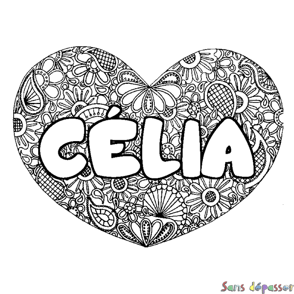 Coloriage pr&eacute;nom C&Eacute;LIA - d&eacute;cor Mandala coeur