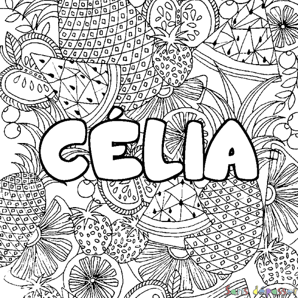 Coloriage pr&eacute;nom C&Eacute;LIA - d&eacute;cor Mandala fruits