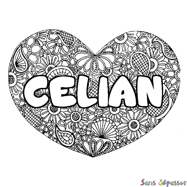 Coloriage pr&eacute;nom CELIAN - d&eacute;cor Mandala coeur
