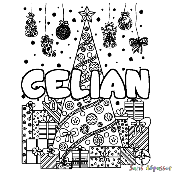 Coloriage pr&eacute;nom CELIAN - d&eacute;cor Sapin et Cadeaux