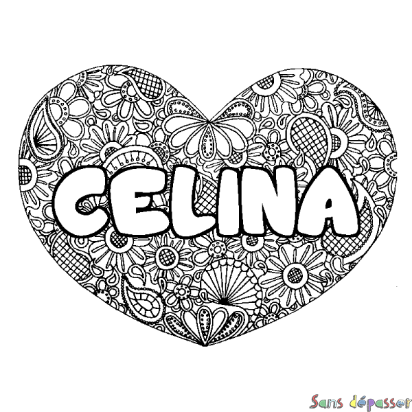 Coloriage pr&eacute;nom CELINA - d&eacute;cor Mandala coeur