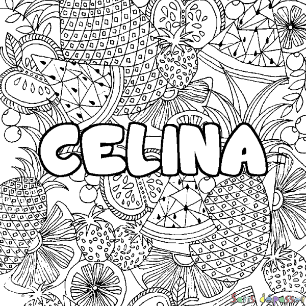 Coloriage pr&eacute;nom CELINA - d&eacute;cor Mandala fruits