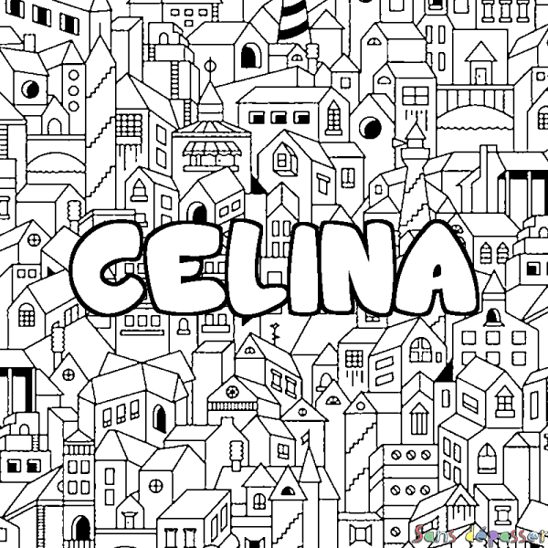 Coloriage pr&eacute;nom CELINA - d&eacute;cor Ville