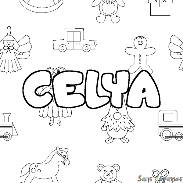 Coloriage pr&eacute;nom CELYA - d&eacute;cor Jouets