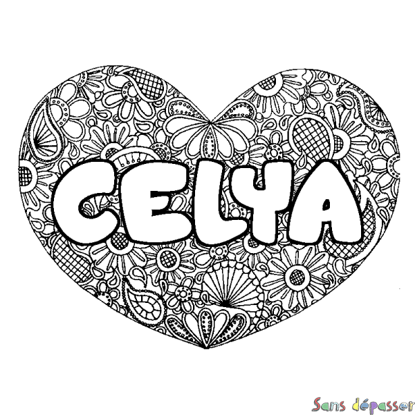 Coloriage pr&eacute;nom CELYA - d&eacute;cor Mandala coeur