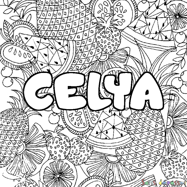 Coloriage pr&eacute;nom CELYA - d&eacute;cor Mandala fruits