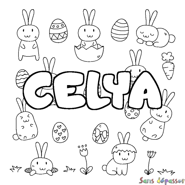 Coloriage pr&eacute;nom CELYA - d&eacute;cor Paques