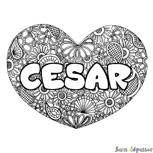 Coloriage prénom CESAR - d&eacute;cor Mandala coeur