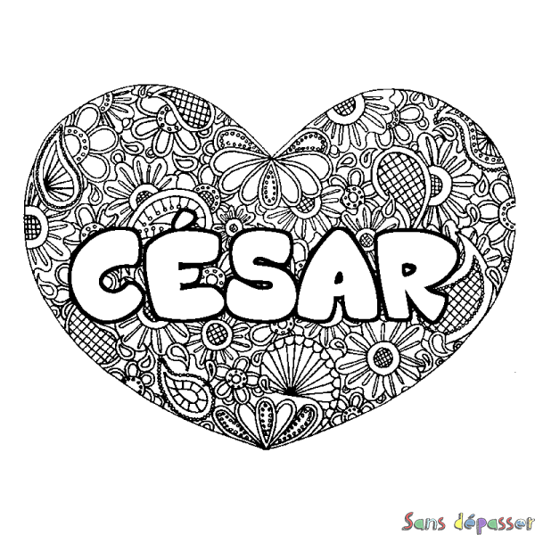 Coloriage pr&eacute;nom C&Eacute;SAR - d&eacute;cor Mandala coeur