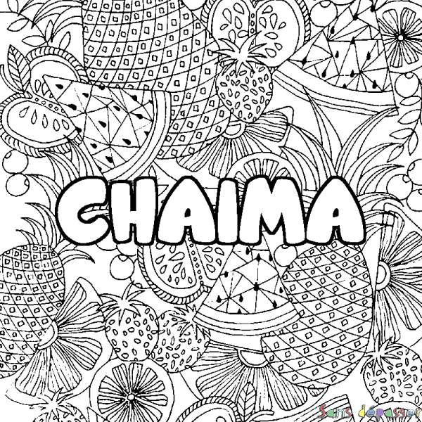 Coloriage pr&eacute;nom CHAIMA - d&eacute;cor Mandala fruits