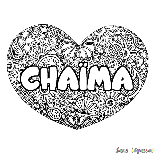 Coloriage prénom CHA&Iuml;MA - d&eacute;cor Mandala coeur