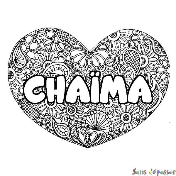 Coloriage pr&eacute;nom CHA&Iuml;MA - d&eacute;cor Mandala coeur