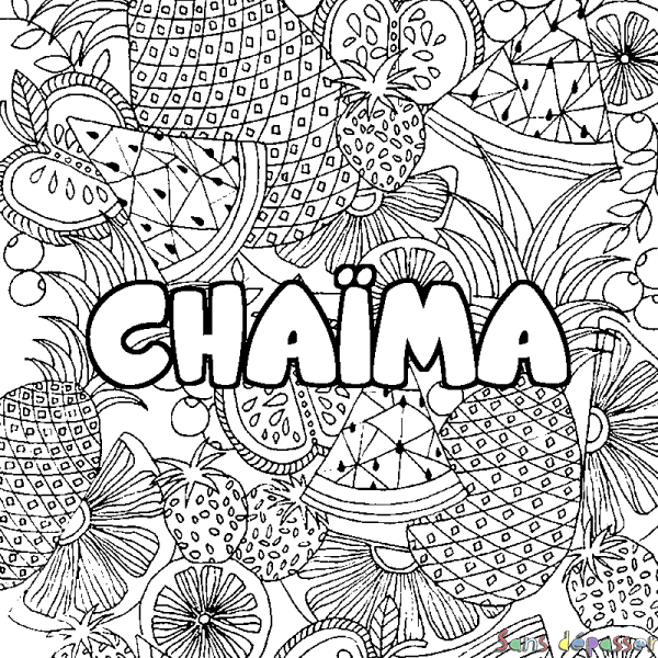 Coloriage pr&eacute;nom CHA&Iuml;MA - d&eacute;cor Mandala fruits