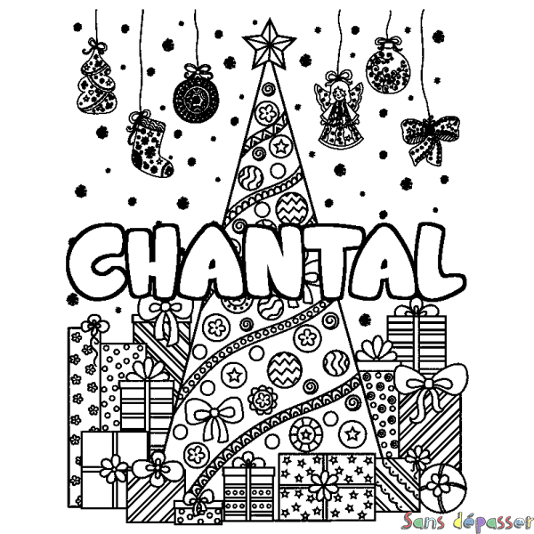 Coloriage prénom CHANTAL - d&eacute;cor Sapin et Cadeaux
