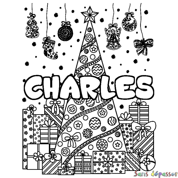 Coloriage prénom CHARLES - d&eacute;cor Sapin et Cadeaux