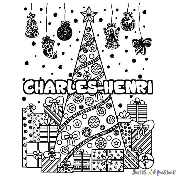 Coloriage prénom CHARLES-HENRI - d&eacute;cor Sapin et Cadeaux