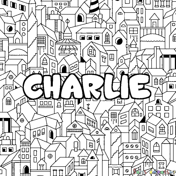 Coloriage pr&eacute;nom CHARLIE - d&eacute;cor Ville